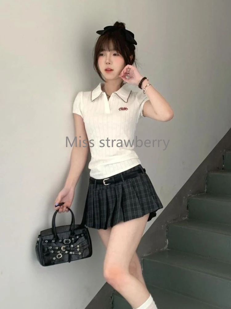 2025 Summer Preppy Style Skinny 2-piece Set Women Harajuku Vintage New Lapel Slim Short Sleeve T-Shirts + High-waist Plaid Skirt