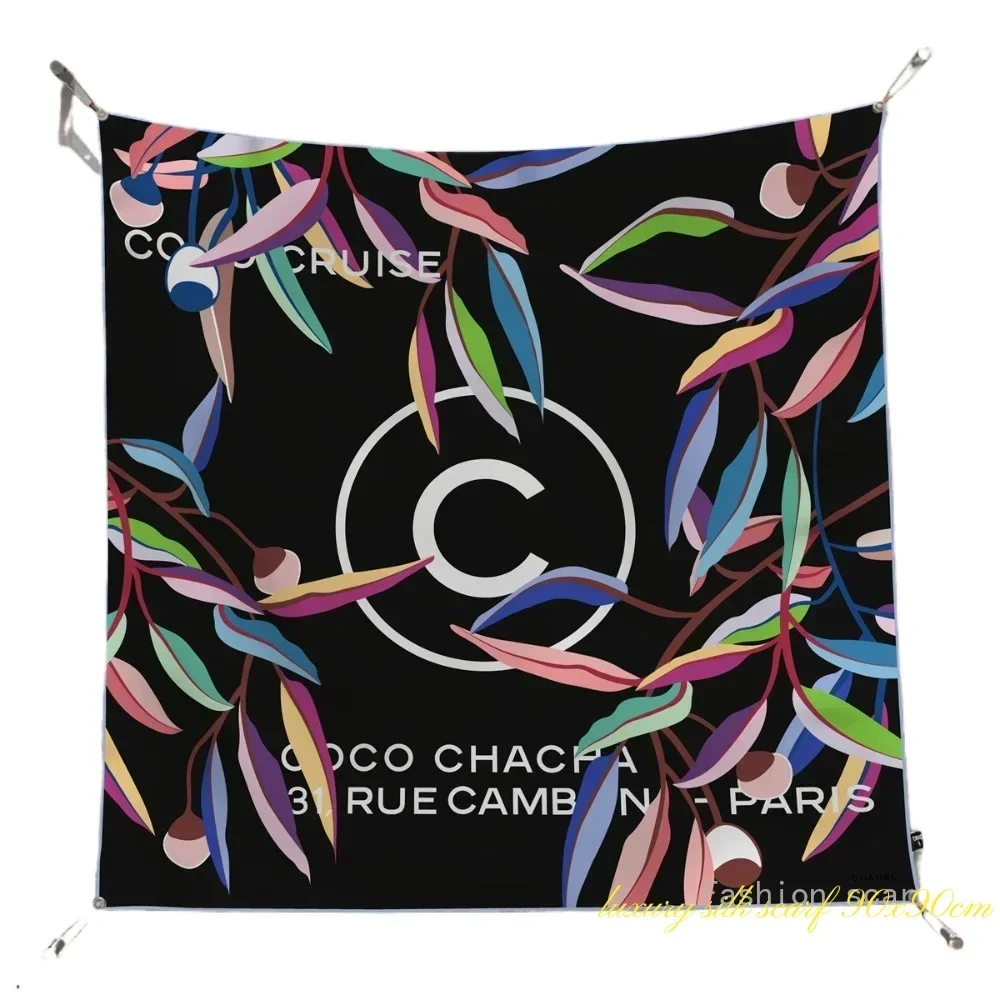 

1 шт., французский 90 см, маленький саржевый шелковый женский солнцезащитный платок с буквой C, большой квадратный шарф, головной платок, оптовая продажа