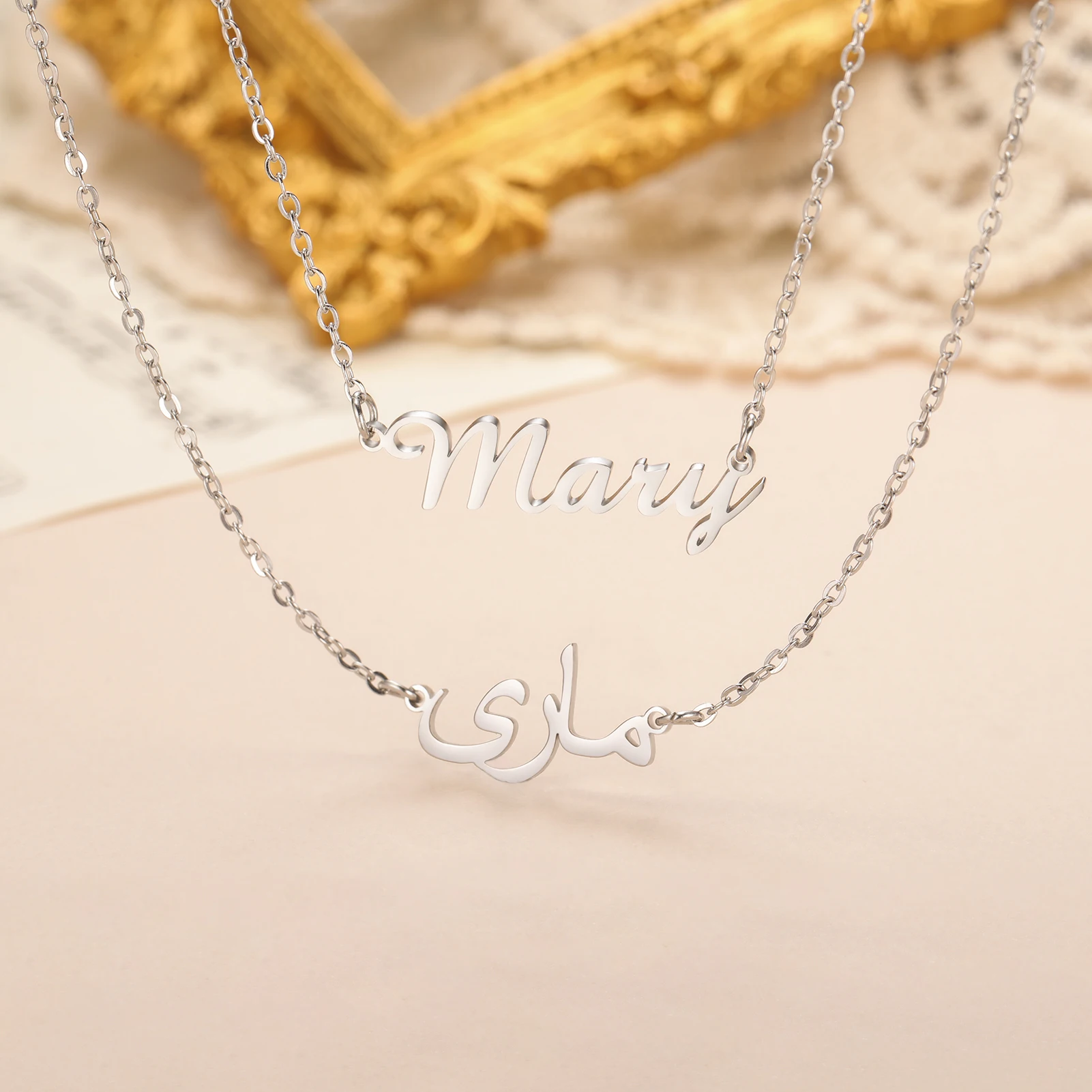 

Custom Two Names Necklace Personalized Bilingual Name Necklace Stainless Steel Double-Layer Necklace Jewelry for Women Gifts