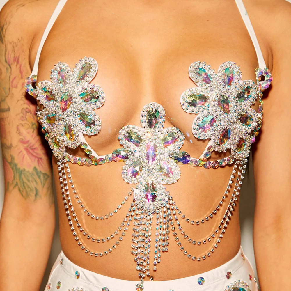 

Customized Belly Dance Bras Accessories Flower Tassel Chest Chain Nightclub Full Diamond Body Chain Body Chain