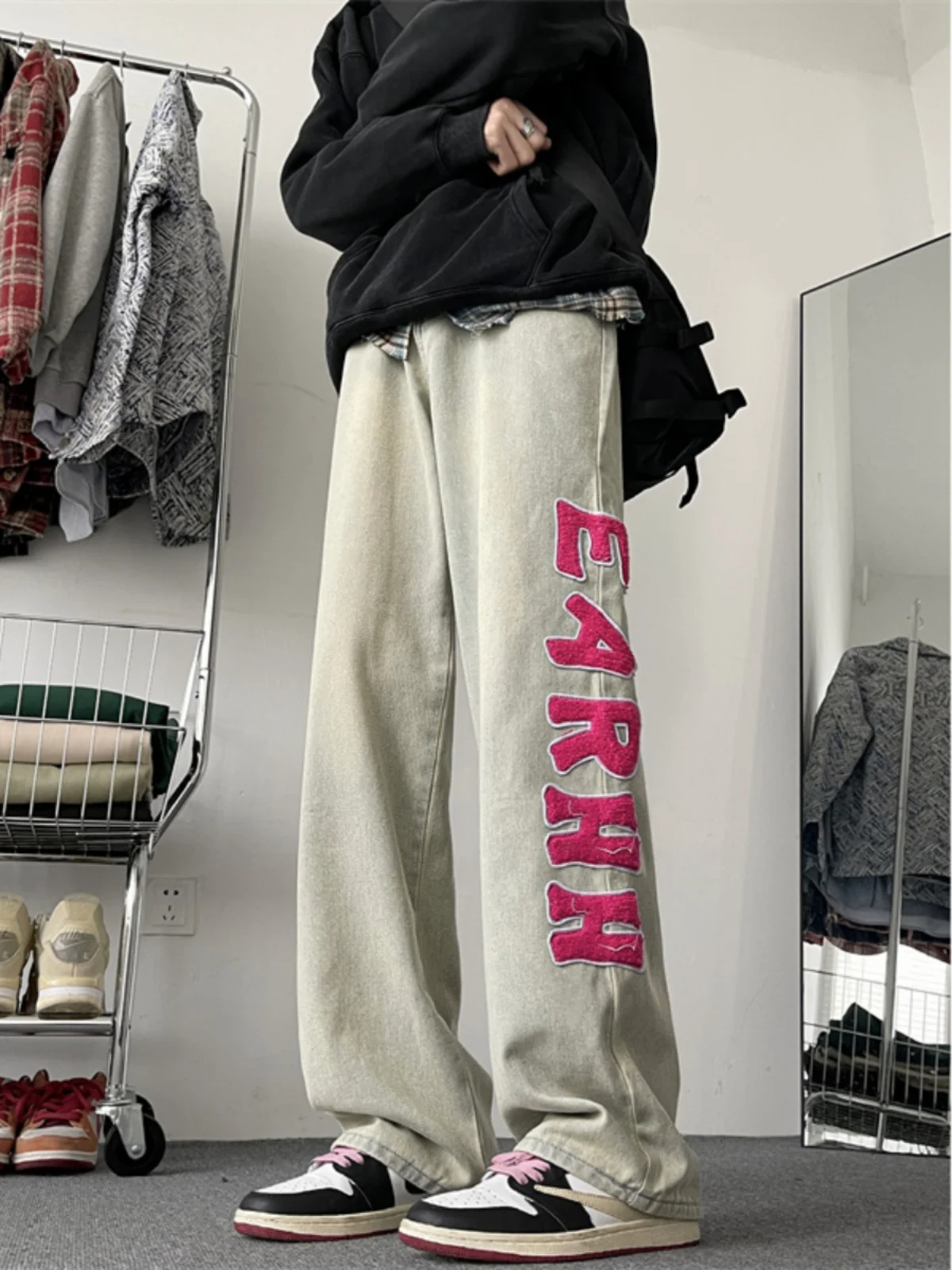 

Мужские джинсы American High Street Floing с вышивкой, свободные, широкие, винтажные, прямые, в стиле хип-хоп, повседневные, длинные брюки