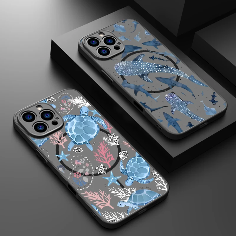Coque de téléphone requin tortues marines, étui magnétique pour iPhone 16 Pro Max, iPhone 16e 15 14 13 Pro Max, housse de Charge sans fil Magsafe