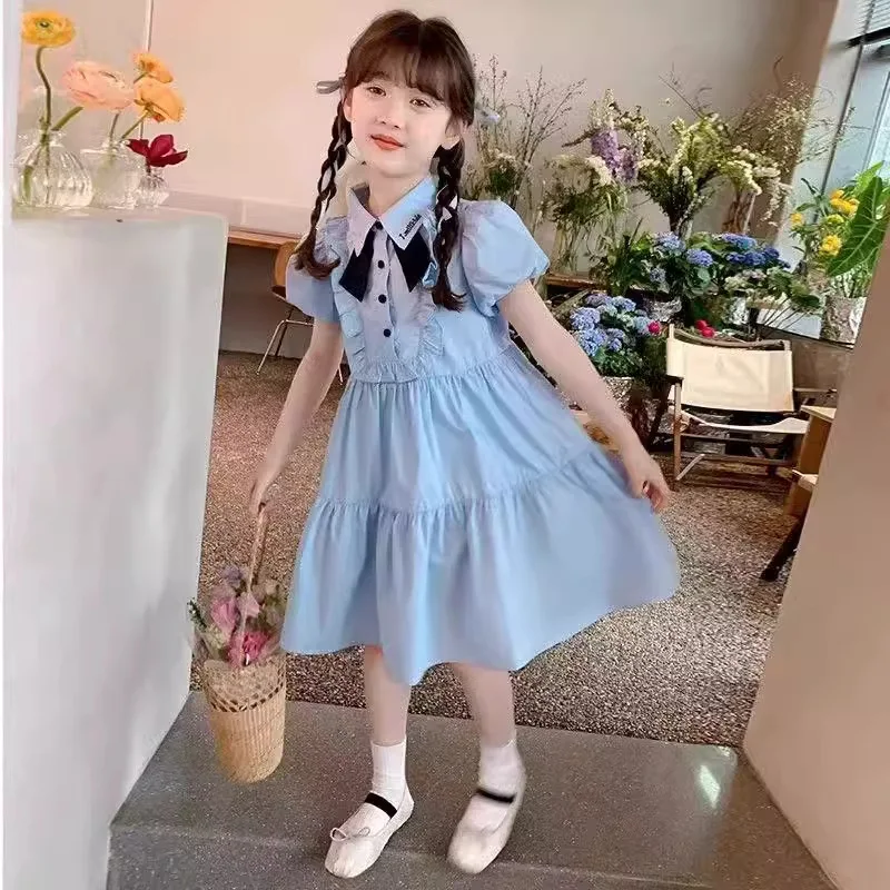 New Teen 3-12 Years Old Summer Girls Dress Lapel Design Preppy Style Princess Dresses For Kids Children Birthday Present