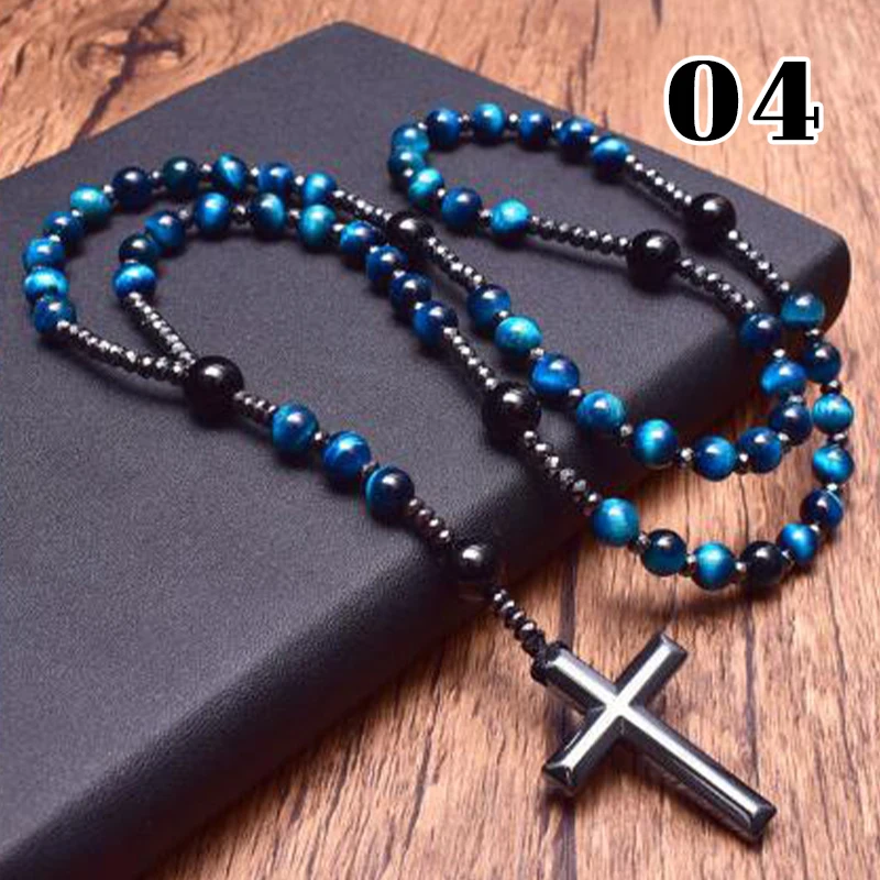 

Fashion Bohemian Natural Stones Cross Pendant Necklaces Men Tiger Eye Bead Cross Rosary Prayer Necklace Women Jewelry Gift