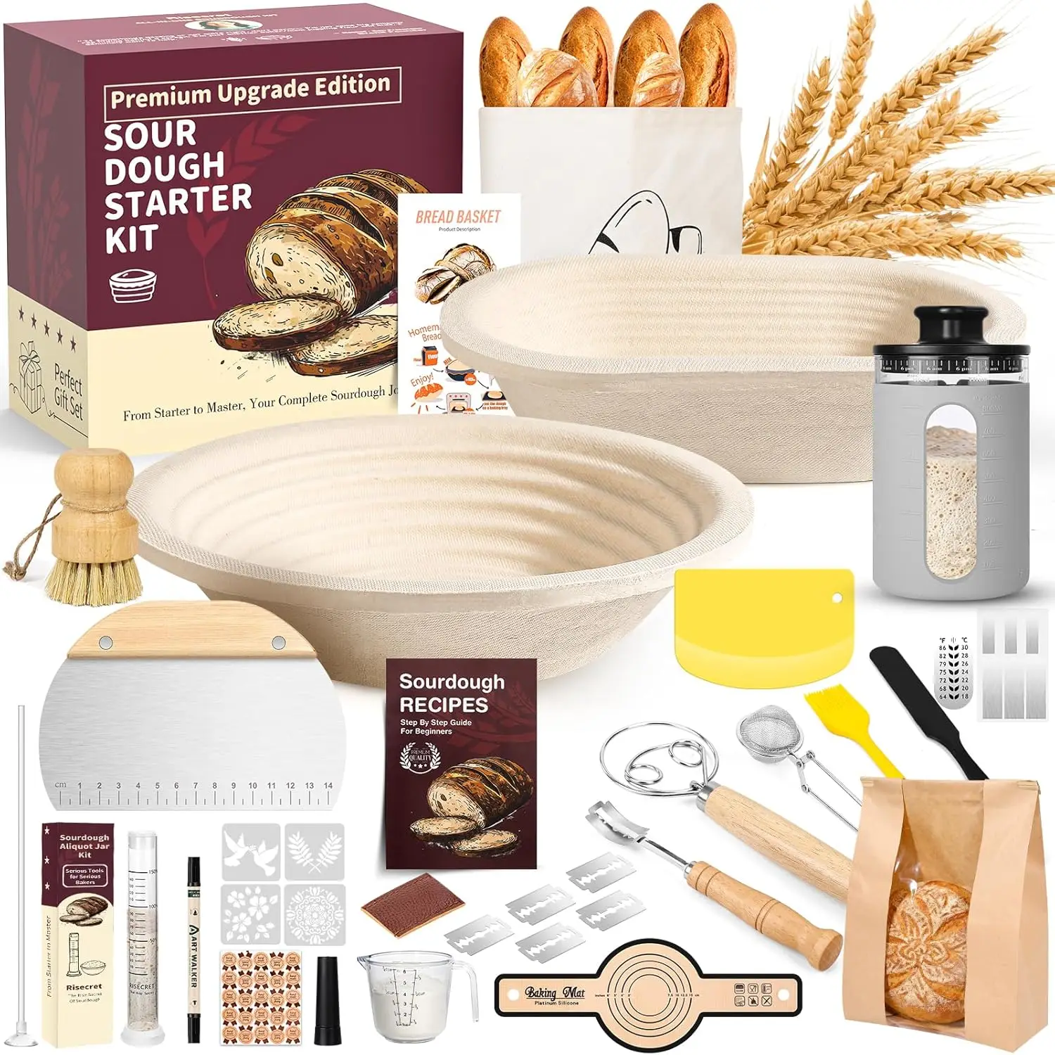 

Полный набор для выпечки хлеба на закваске с корзинами-баннетонами, банкой для закваски и инструментами для домашнего хлеба