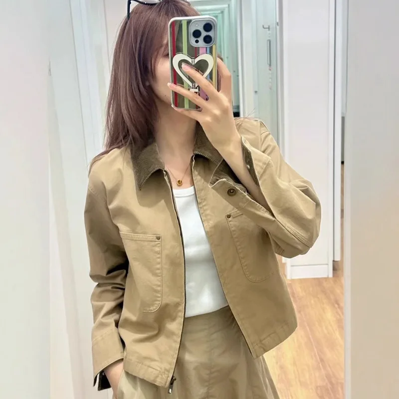 

2025 модная короткая куртка контрастного цвета, женское повседневное пальто, весенне-осенняя верхняя одежда на молнии с отложным воротником, женские уличные топы