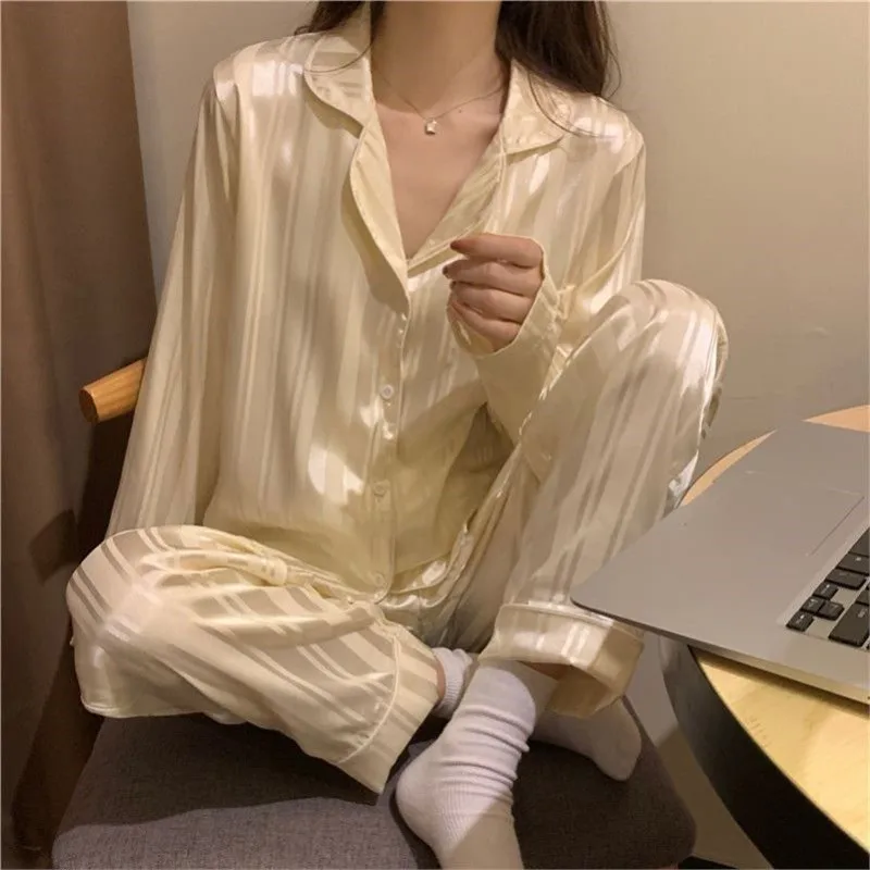 Women Clothes Striped Ice Silk Pajamas Sweet Thin Section Spring Summer V-Neck Homewear Fashion Korean Simple Casual Loungewear