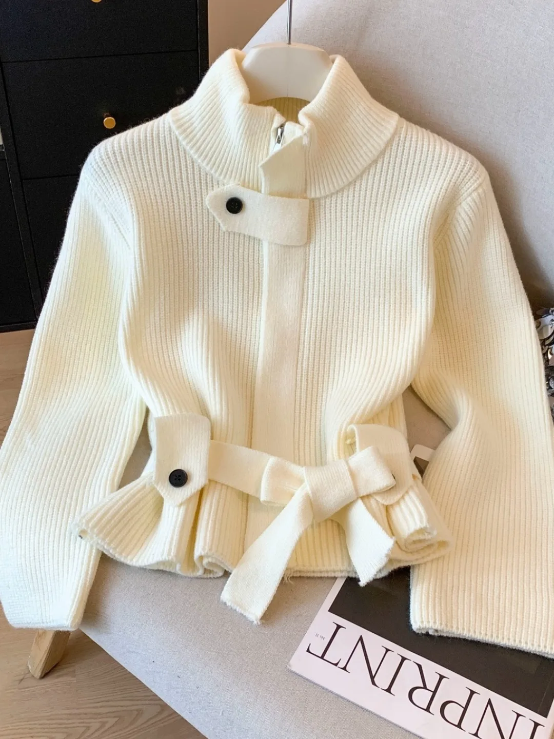 

Женский вязаный открытый кардиган Self-Kept Sle с застежкой на талии и воротником-стойкой Свободный крой Свитер Пальто Корейская зимняя верхняя одежда