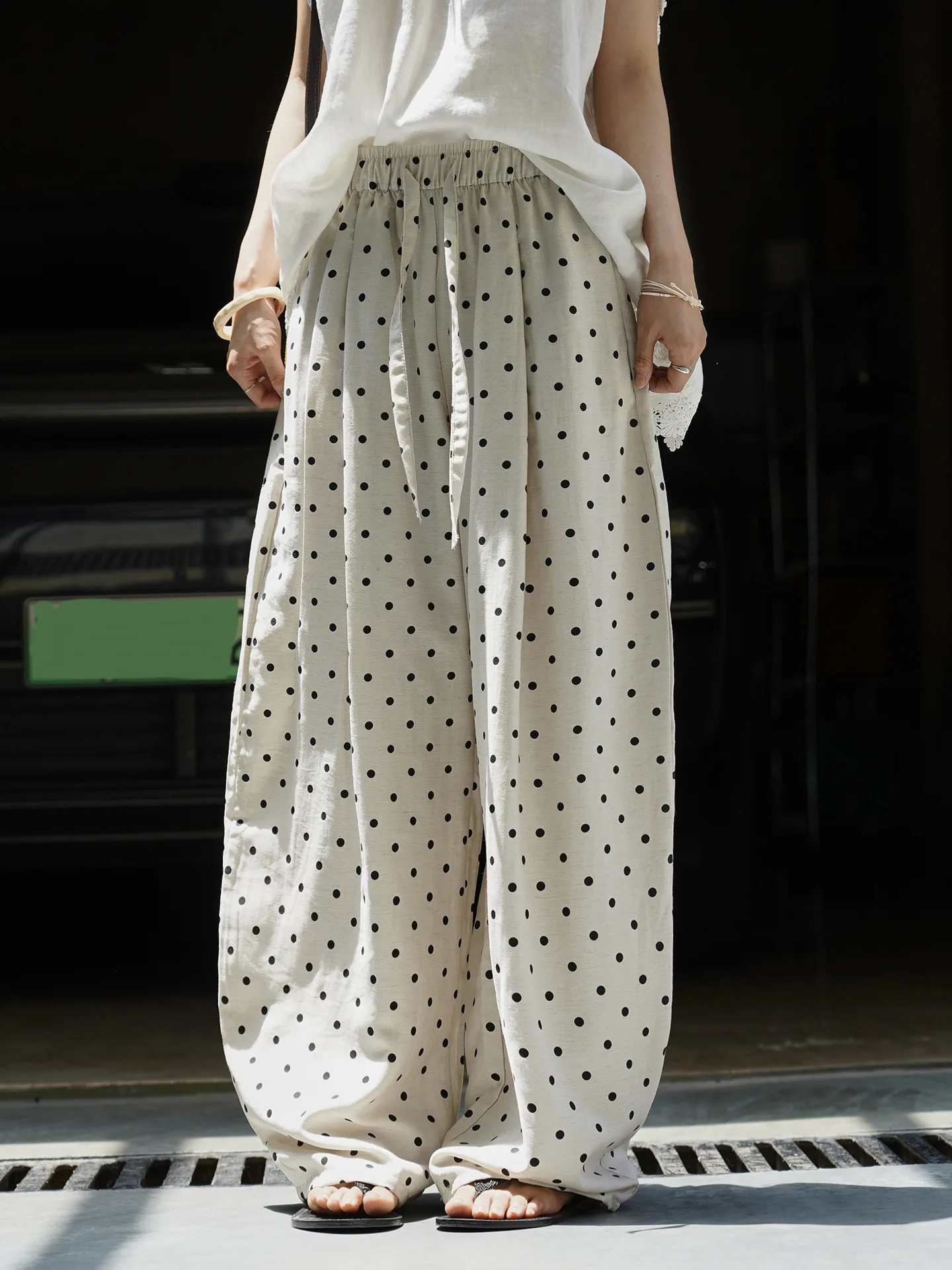 Pantalon d'été décontracté à pois pour femmes, imprimé, taille haute, ample, jambes larges