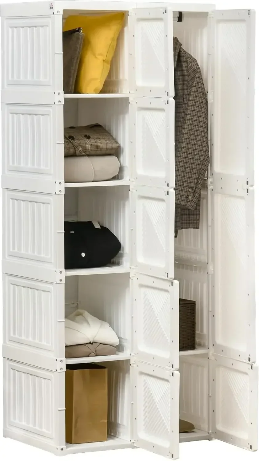 

Portable Wardrobe Closet, Folding Clothes Storage Organizer with 6 Cube Compartments, Hanging Rod, 8 Magnet Doors, White