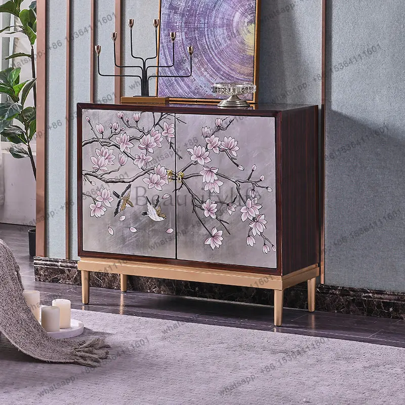 New Chinese-style entrance piano paint partition cabinet light luxury ebony silver foil wine foyer cabinet