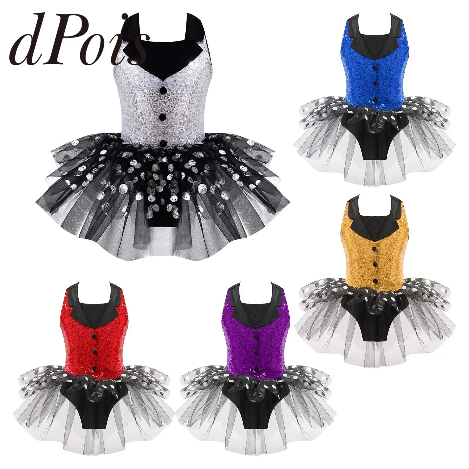 Children Girls Tutu Sparkly Sequins Dance Ballet Dress Gymnastics Leotard with Glitter Skirt Kids Latin Jazz Dance Costumes