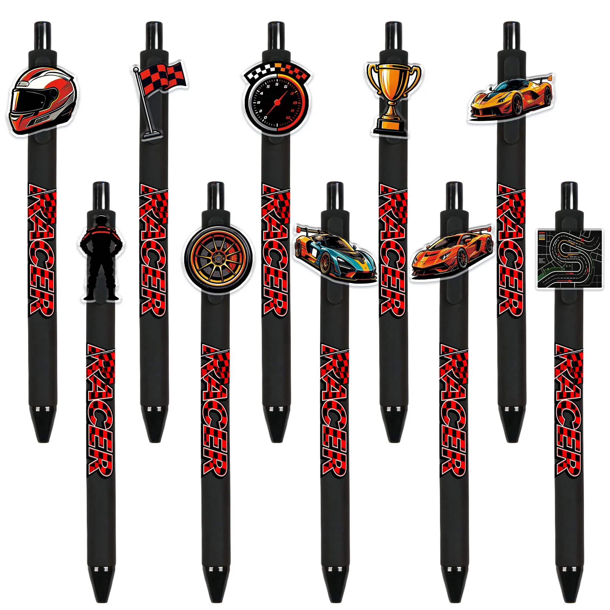 

10pcs Creative Supercar Racing Theme Press Ballpoint Pen Writing Smooth Black Ink Student Writing Gift Pen