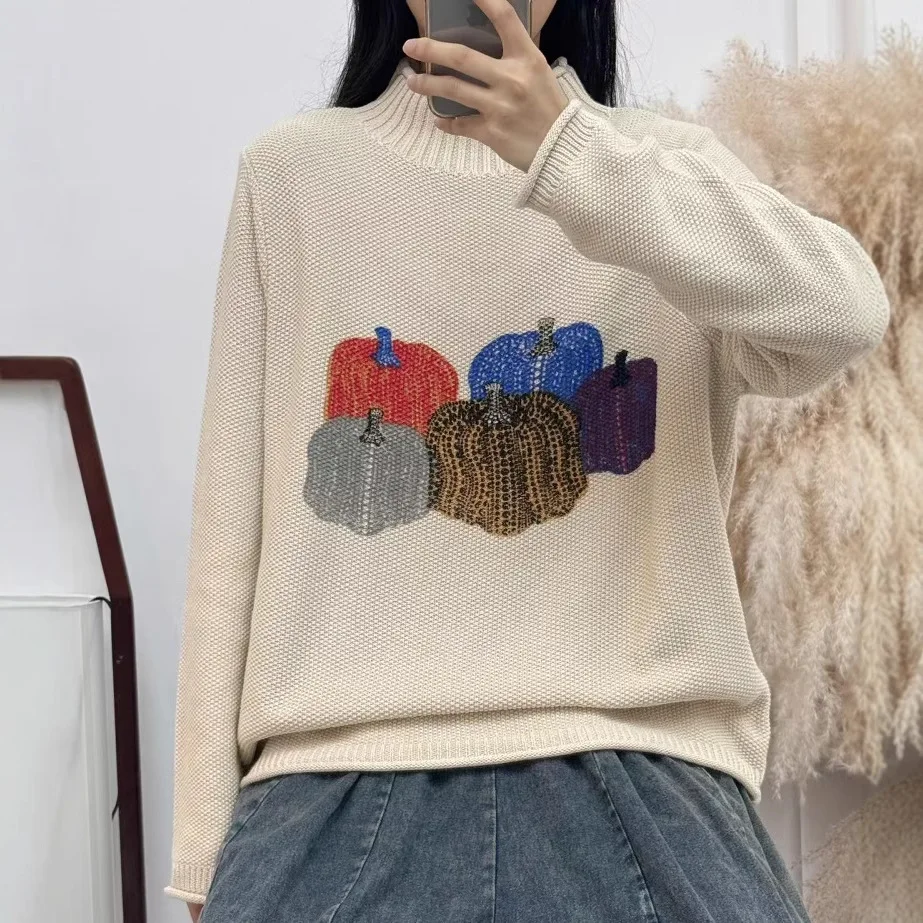 

2024 winter Korean version loose pumpkin print semi-turtleneck pullover sweater versatile foreign casual knitted sweater women