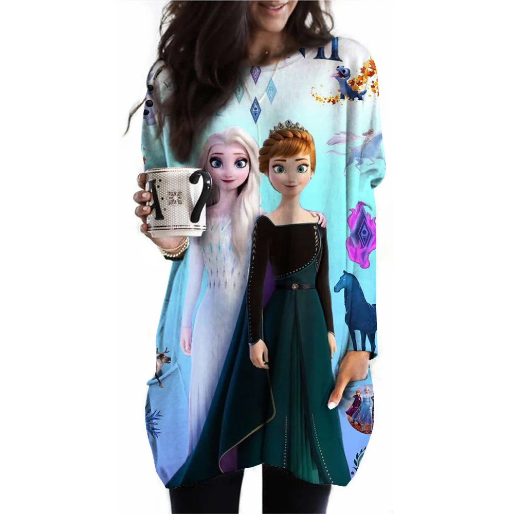 Spring and Autumn women\'s long sleeved round neck oversized T-shirt 3XL plus size casual Disney Princess print loose pocket long