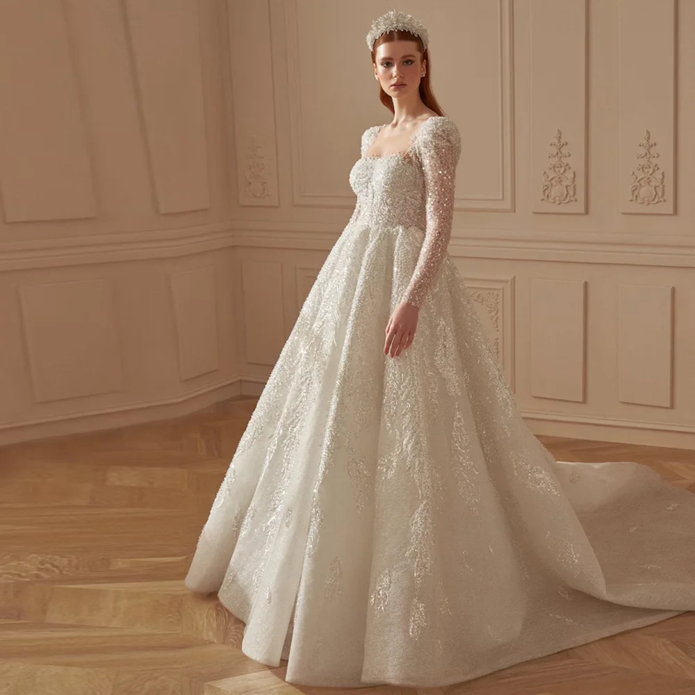 

High Quality Organza Customized Robe de mariée Exquisite Beading Vestido De Novia Classic A-Line Long Sleeves Wedding Dress