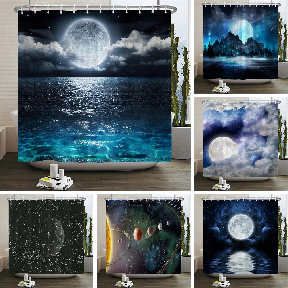 Earth Universe Starry Sky Shower Curtain Bathroom Decoration Waterproof Polyester Cloth Landscape Night Shower Curtains Set Mat