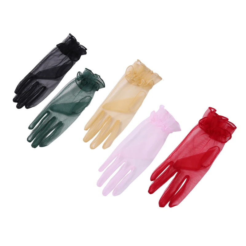 

1 Pairs Women Gloves Lace Black Gloves Full Finger Gloves Fashion Short Tulle Gloves Elastic Etiquette Lotus Leaf Shears