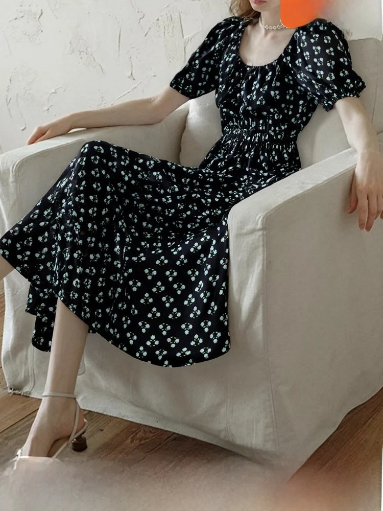 

Элегантное винтажное платье с круглым вырезом, женское летнее платье нового стиля, с эффектом утончения талии, из хлопка, с пышными рукавами, с принтом, миди, повседневное.