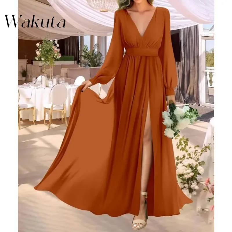 Wakuta-Robe en mousseline de soie vintage à col en V, robe à manches longues, taille chic, mince, fendue, fête, soirée, quelle que soit la ligne A, paillettes, éducatif, remise des diplômes