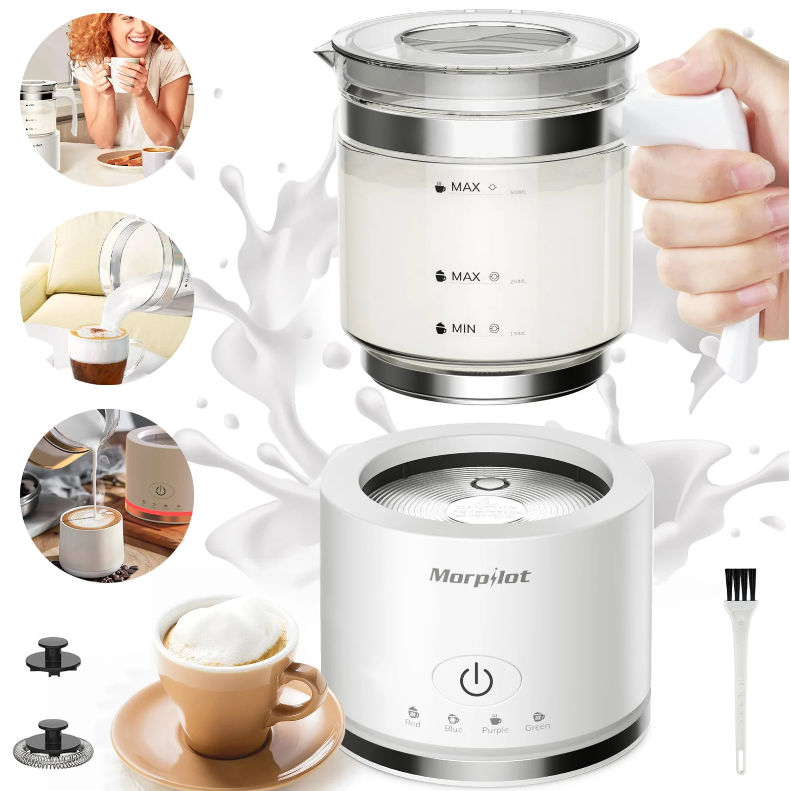 500ml Elektrischer Milchaufschäumer mit 4 Funktionsmodi, Spülmaschinenfest, Automatische Milchschaummaschine, Perfekt für Latte, Cappuccino, Macchiato, Kaffeezubereitung zu Hause