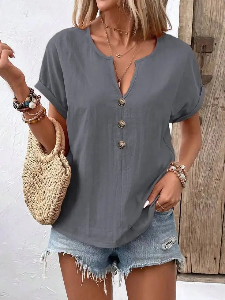 Nieuwe 2025 Vrouwen Shirts V-hals Knoppen Korte Mouw Losse Blouses Effen Kleur Casual Zomer T-shirt Dagelijkse Slijtage Tops Dames