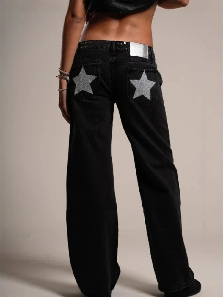 

HOUZHOU Y2k Vintage Star Pattern Jeans Women Harajuku Loose Straight Denim Pants American Retro High Street Baggy Denim Trousers