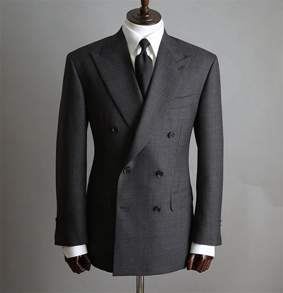 Traje a cuadros gris oscuro de doble botonadura para hombre, traje Formal para novio de boda, esmoquin, Blazer, pantalones, conjunto de negocios para oficina