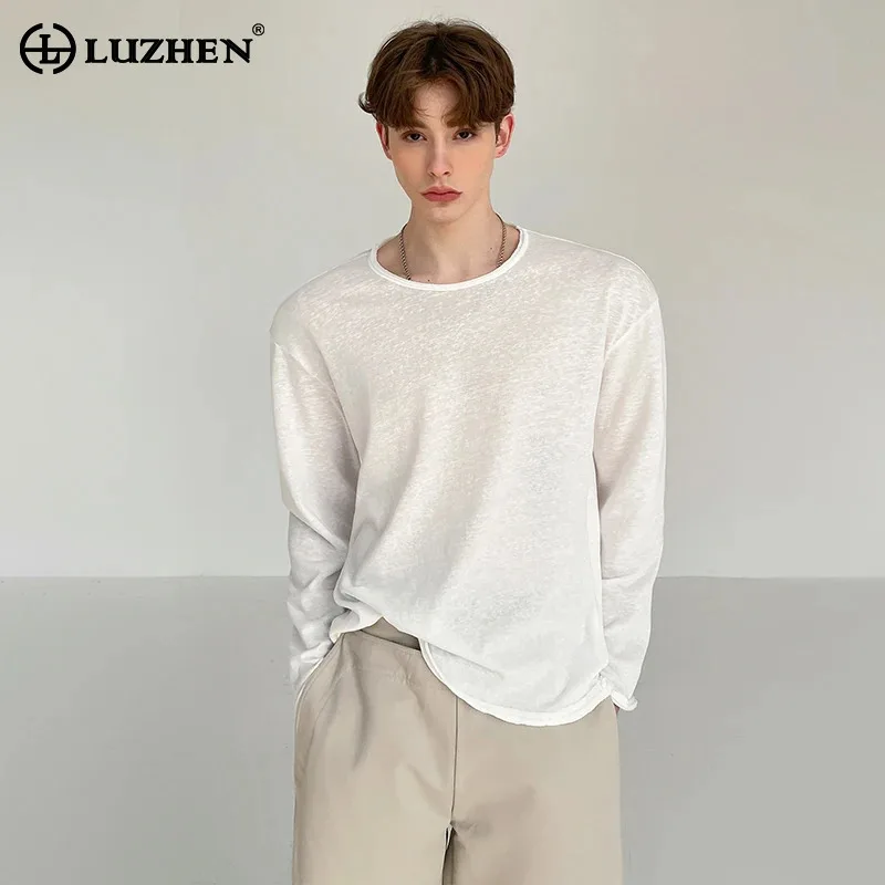 

LUZHEN модные корейские красивые однотонные футболки с длинными рукавами мужские 2025 новые высококачественные дышащие свободные повседневные топы JY3191