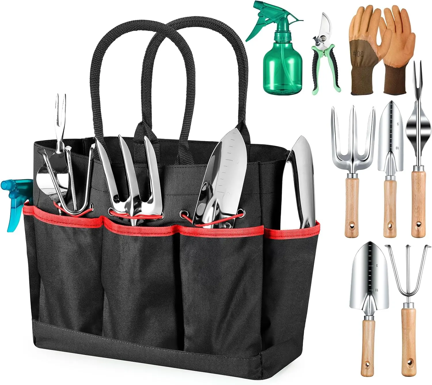 

9-Piece Heavy Duty Gardening Hand Tools Set with Organizer Bag, Rust-Proof, Ideal Gifts for Women - Black Red