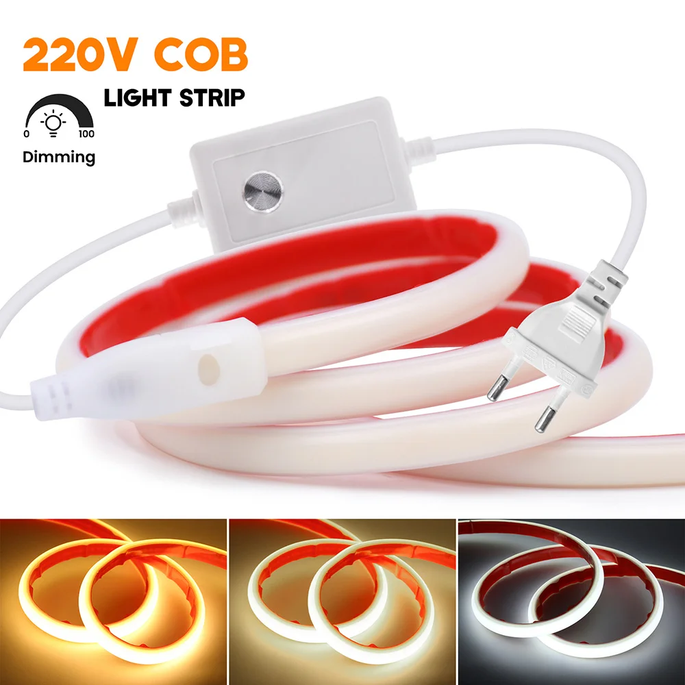 

220V COB LED Strip Light with Adhesive Dimmer Switch EU Power Kit Waterproof 288 LEDs Flexible Tape High Density Linear lighting