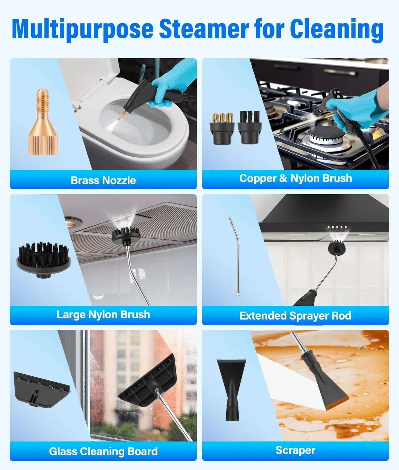 Limpiador a vapor 2500W, depósito de 1,2 L, calentamiento de 15 segundos, portátil con 16 accesorios