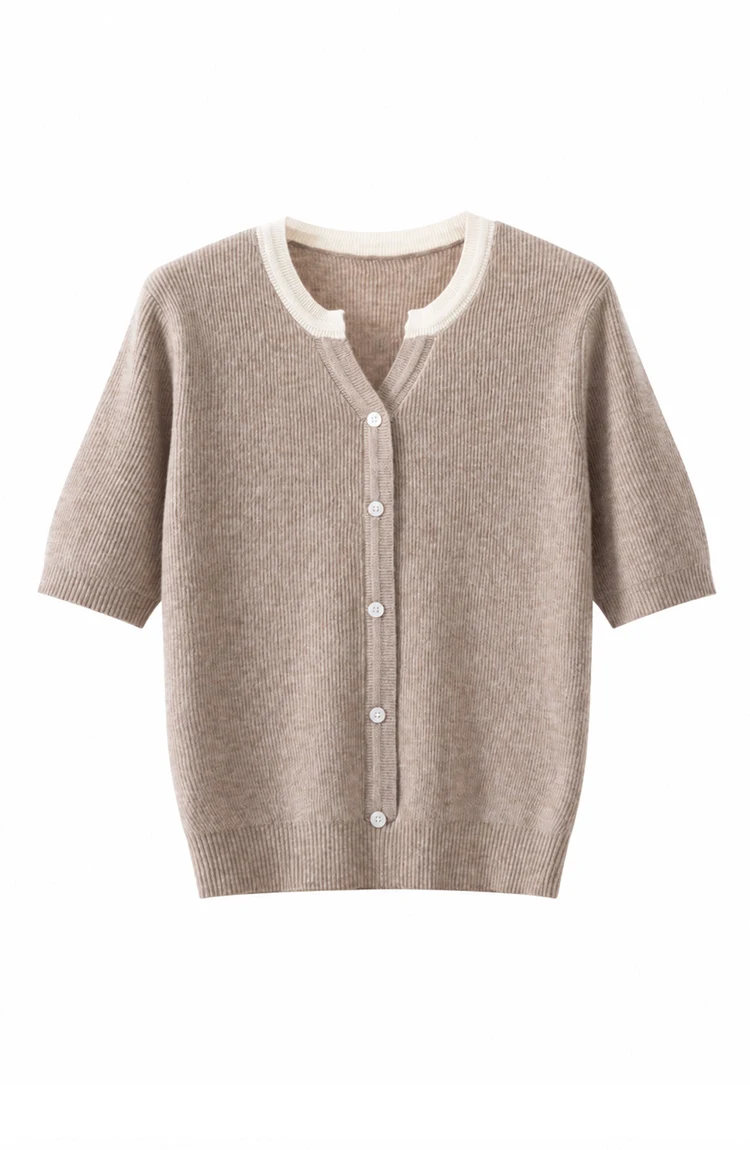 ML62125 Damen Schicker V-Ausschnitt Kurzarm Strickjacke mit Knopfleiste, gerippt, aus Modal-Mischgewebe, Frühherbst-Pullover – Detail 11