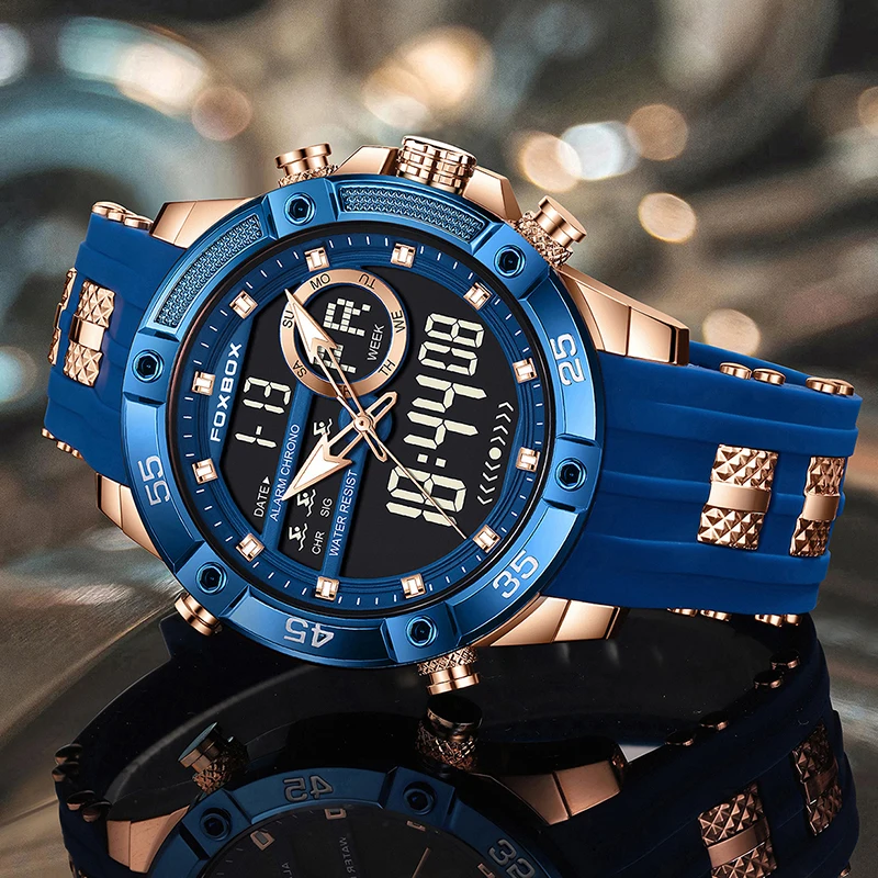 FOXBOX New Men's Watch Fashion Blue Silicone Waterproof Quartz Watches For Men Outdoor Sport Military Analog Digital Chronograph