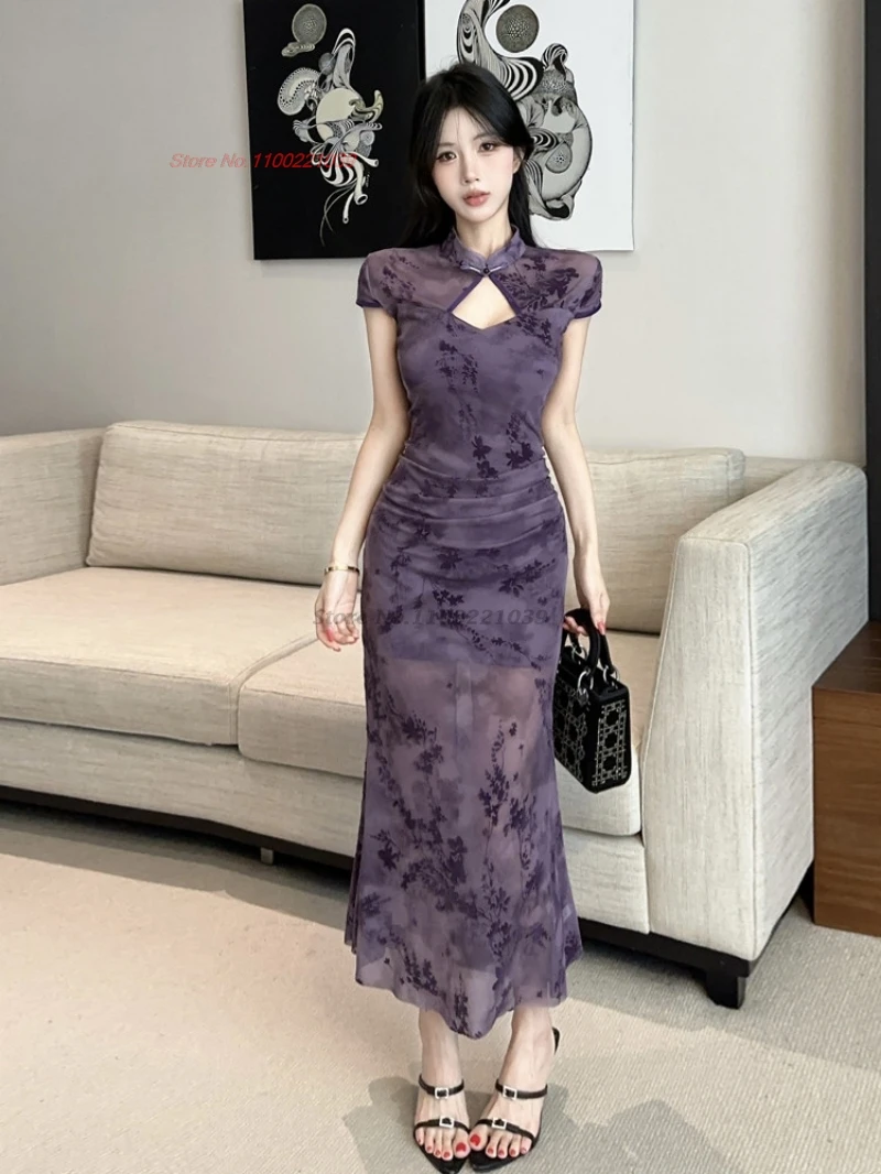 

2026 chinese sexy dress improved mesh cheongsam traditional flower print nightclub qipao dress banquet evening dress vestido