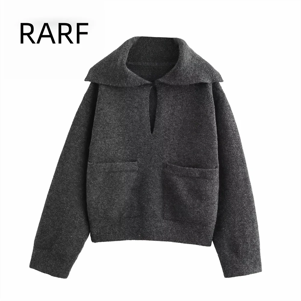 2024 autumn and winter new lazy style loose fitting patch bag decoration flat needle lapel knit sweater for women