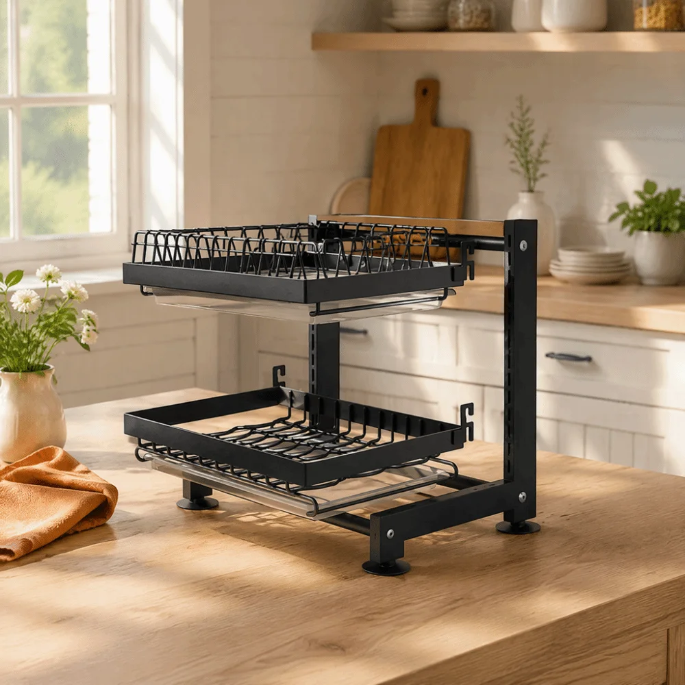 Adjustable Stainless Steel Dish Drying Rack 2-Tier Drainboard Included Dish Drainer Kitchen Sink Organizer Wall Mounted