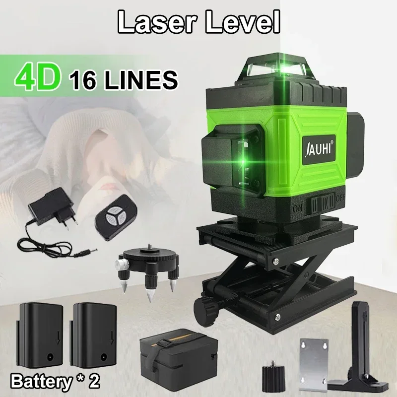 JAUHI Laser Level 16 Lines 4D Level Self-Leveling 360 Horizontal And Vertical Cross Super Powerful Green Laser Level