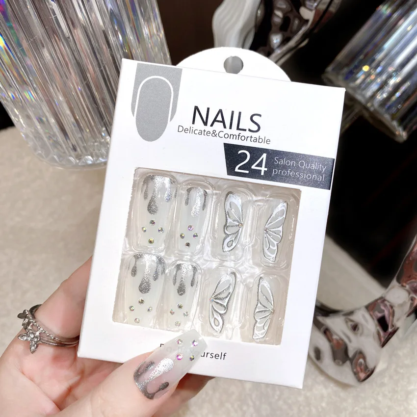 

24Pcs Press on Nails Glitter Butterfly Diamonds Full Coverage Nail Tips for Women&Girl Removable Wearable False Nail Daily Wear