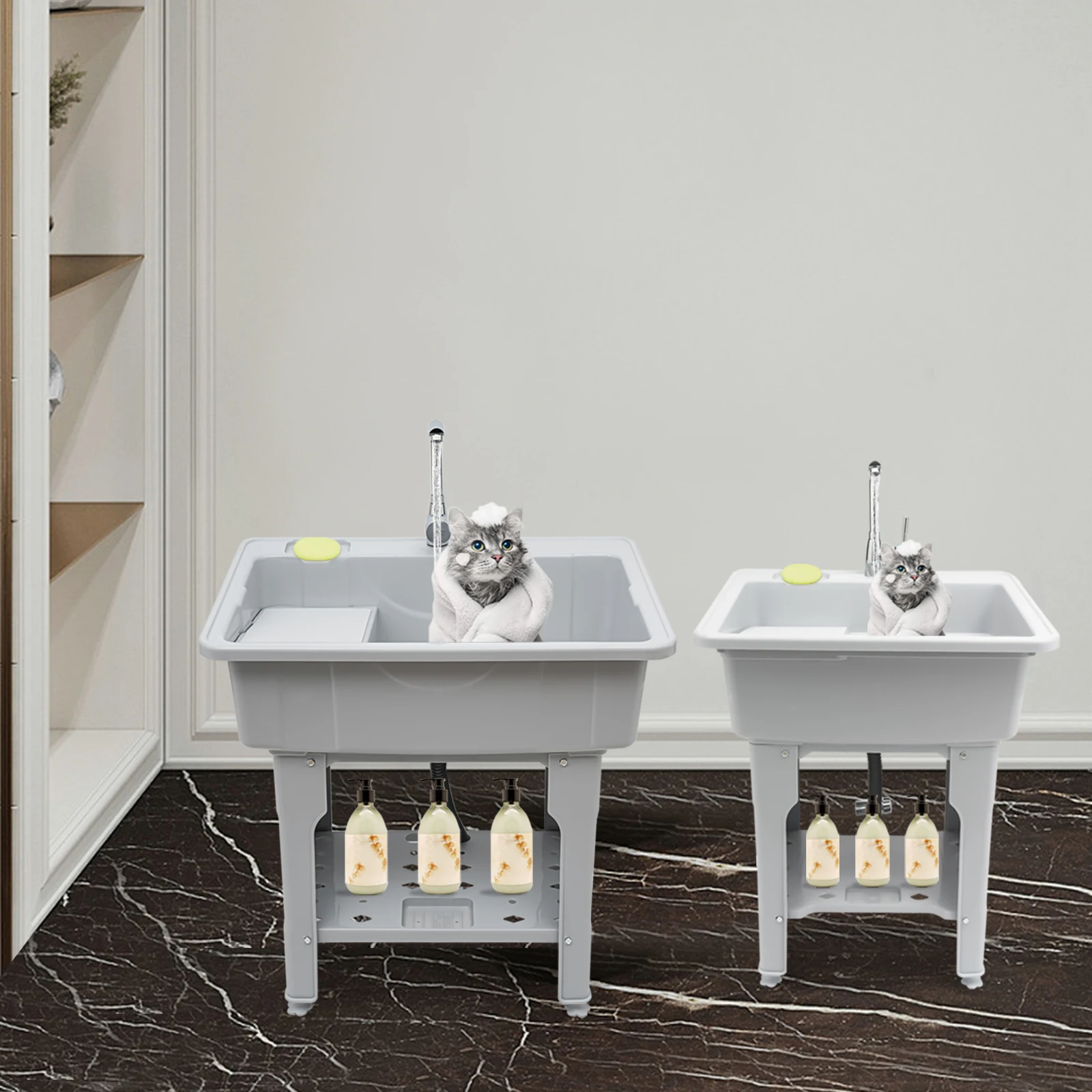 

Freestanding Laundry Sink with Storage Shelf Multifunctional Utility Sink for Pet Bath & Washing PP Material