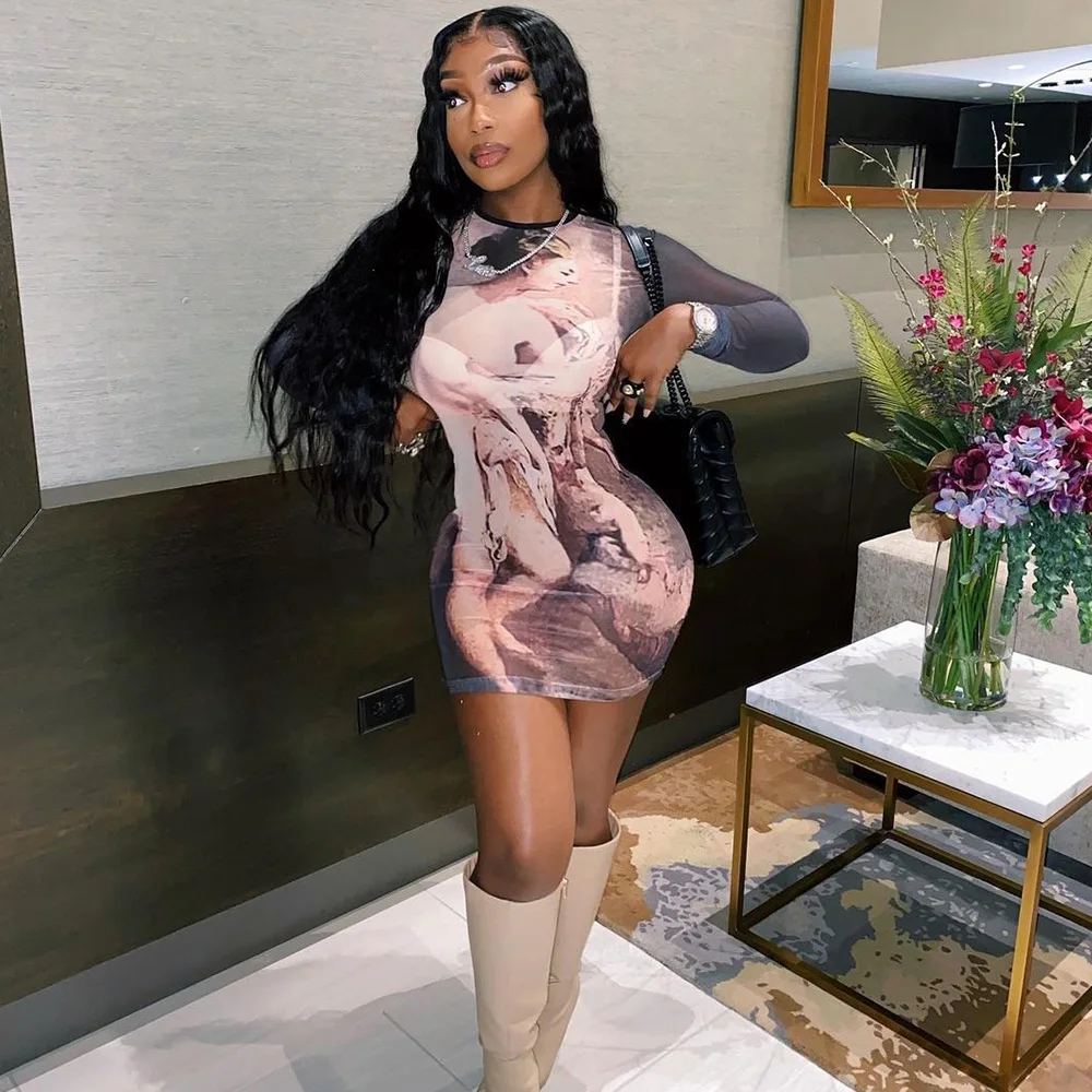 

Women's clothing sexy tight mesh printing perspective long-sleeved dress femininity slim and thin exaggerated clothing new produ