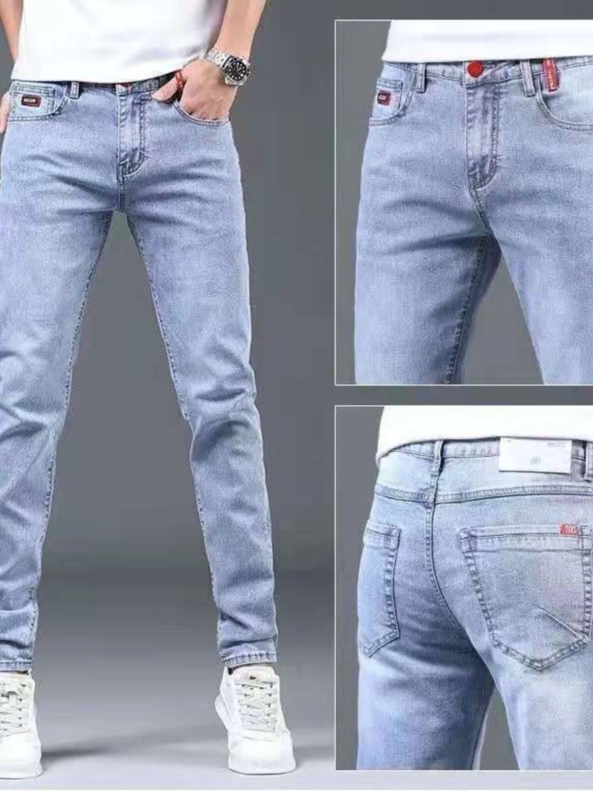 Slim Fit Straight Leg Men's Jeans Casual Thin Summer Lightweight Blue Jeans Distressed Trendy Long Trousers Cotton Stretch Denim