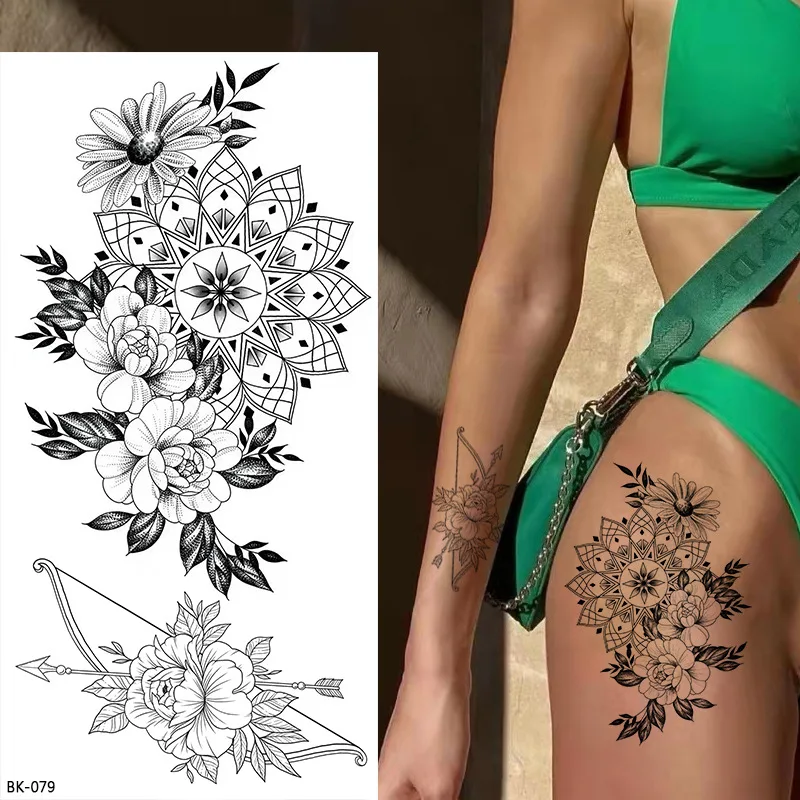 Sketch Tattoo Flower Temporary Full Arm Body Art Stickers Adult Semi Permanent Fake Tattoo For Women Waterproof Easy To Apply