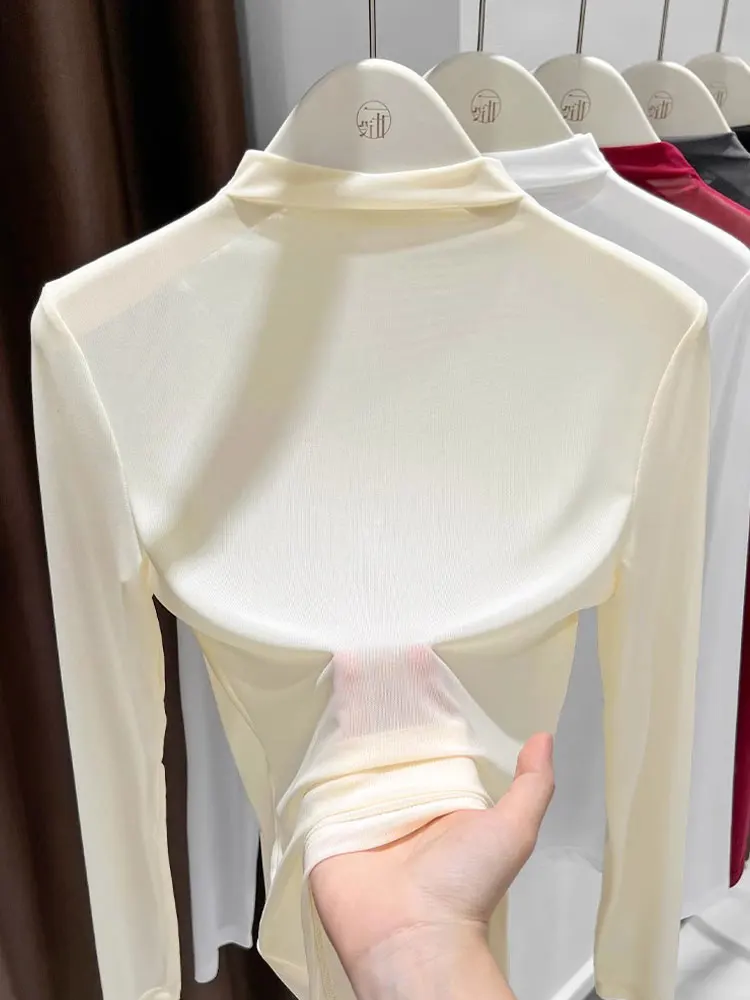 

Women's Mesh Base Shirt Halter Neck Long Sleeve Transparent Thin Lace Inner Wear Commute Style Korean Version Slim Fit T-Shirt