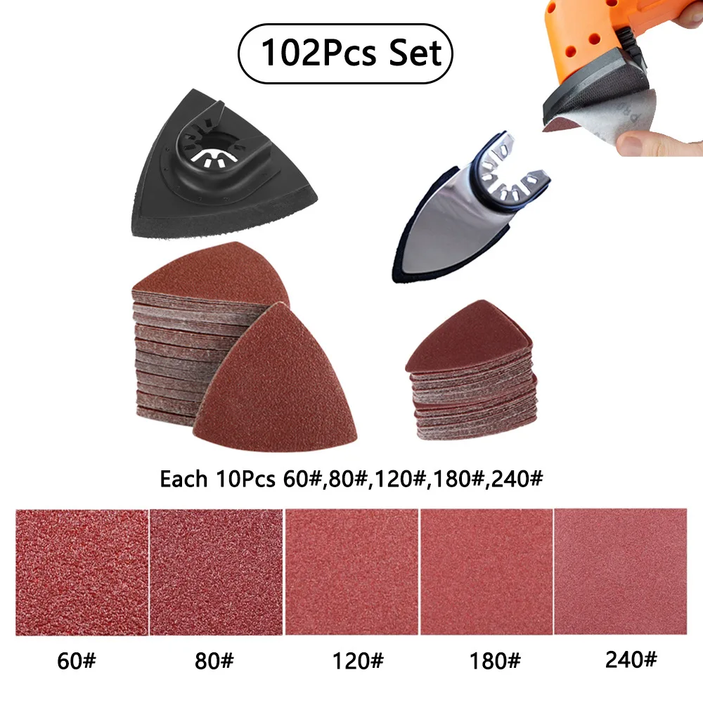 

102Pcs Triangle Finger Oscillating Multi Tool Sandpaper Sanding Pads Suitable for Dewalt Makita Bosch Ryobi Craftsman Rockwell