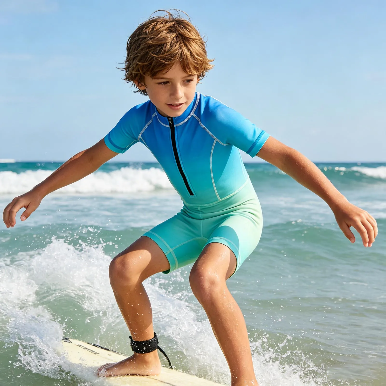 Kids Short Sleeve Zipper Glossy Swimsuit Rash Guard Wetsuit Bathing Suit Surfing Diving Beach Pool Bodysuit Swimwear Beachwear