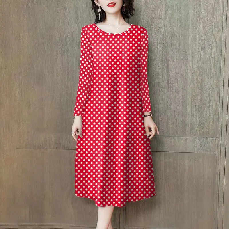 2023 Autumn and Winter Women\'s Pullover Round Neck Patchwork Polka Dot Striped Loose Fashion Casual Elegant Long Sleeve Dress