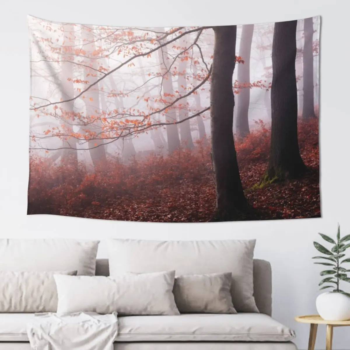 Stay With Me // Misty Autumn Fairytale Wilderness Forest With Red Leaf Trees Covered In Magic Light And Fog Series Tapestry