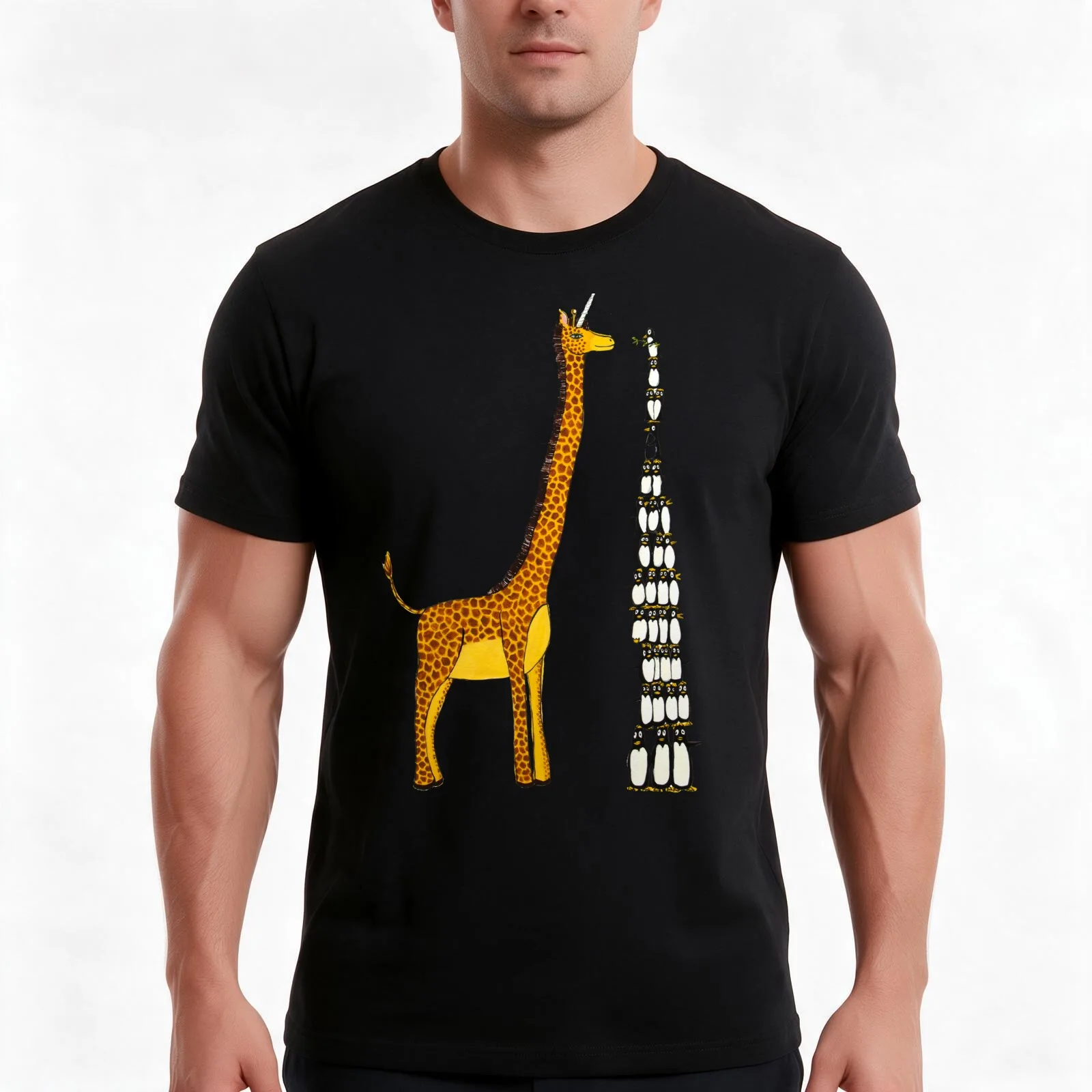 Who is Taller Unicorn Giraffe or Penguin? T-Shirt, Summer Casual Cotton Tee, Oversized Streetwear Tops, Vintage Graphic Print