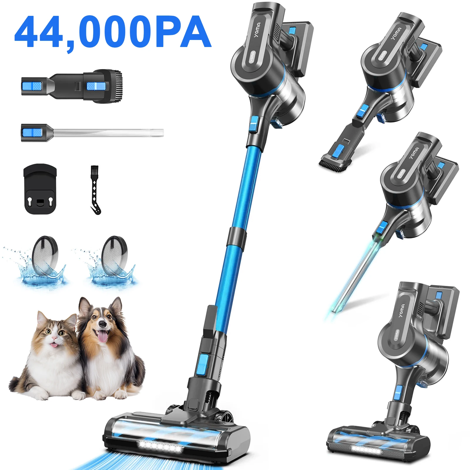 Akku-Staubsauger 6-in-1 44000Pa 350W 2500mAh 60Min Laufzeit 1,2L für Teppich und Hartböden – Blau